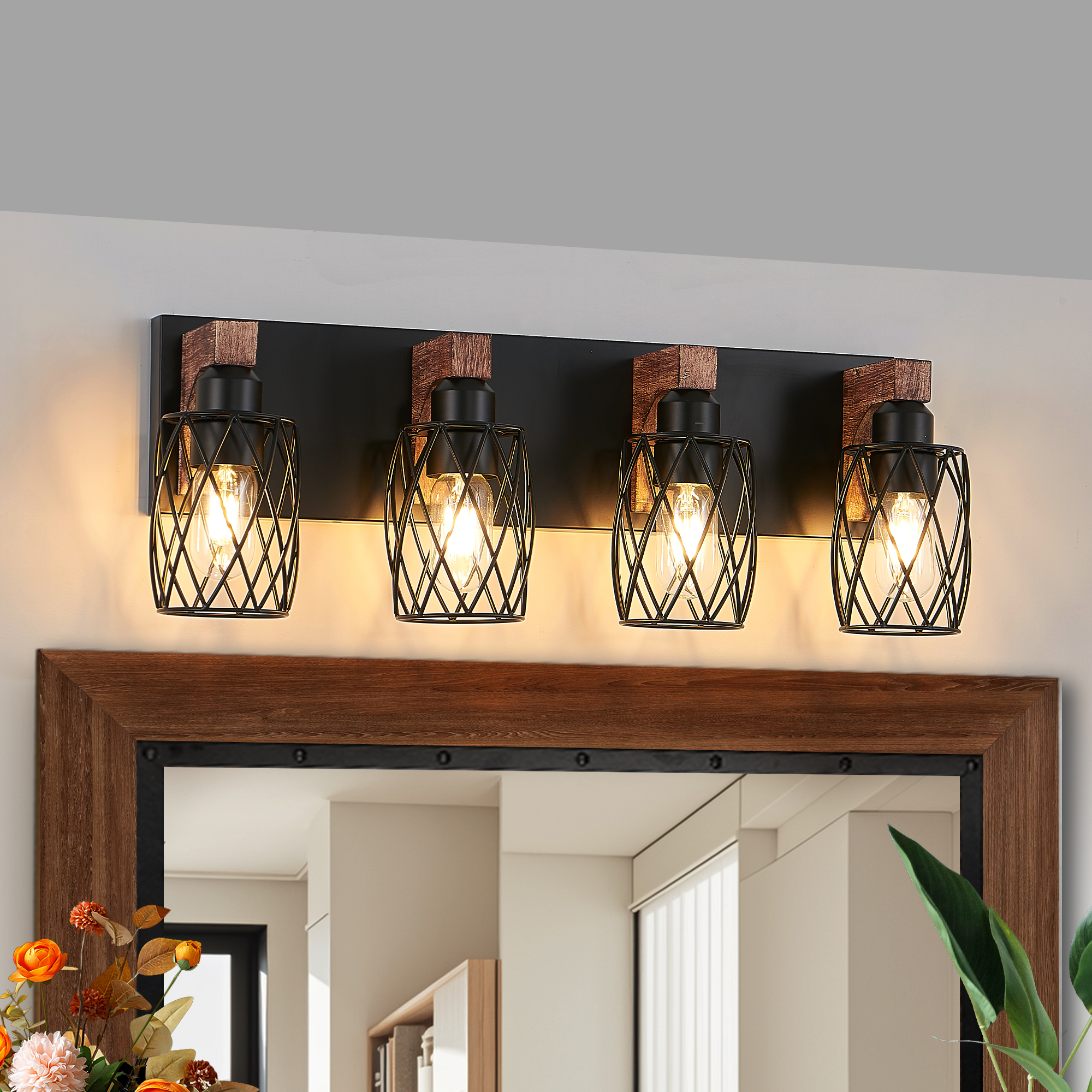 L001027-W4H/24" Industrial Vintage 4-Light Wall Sconce - Black Cage Wall Lighting Fixture with Wooden Accents for Bathroom, Hallway, or Living Room (Bulb Not Included)