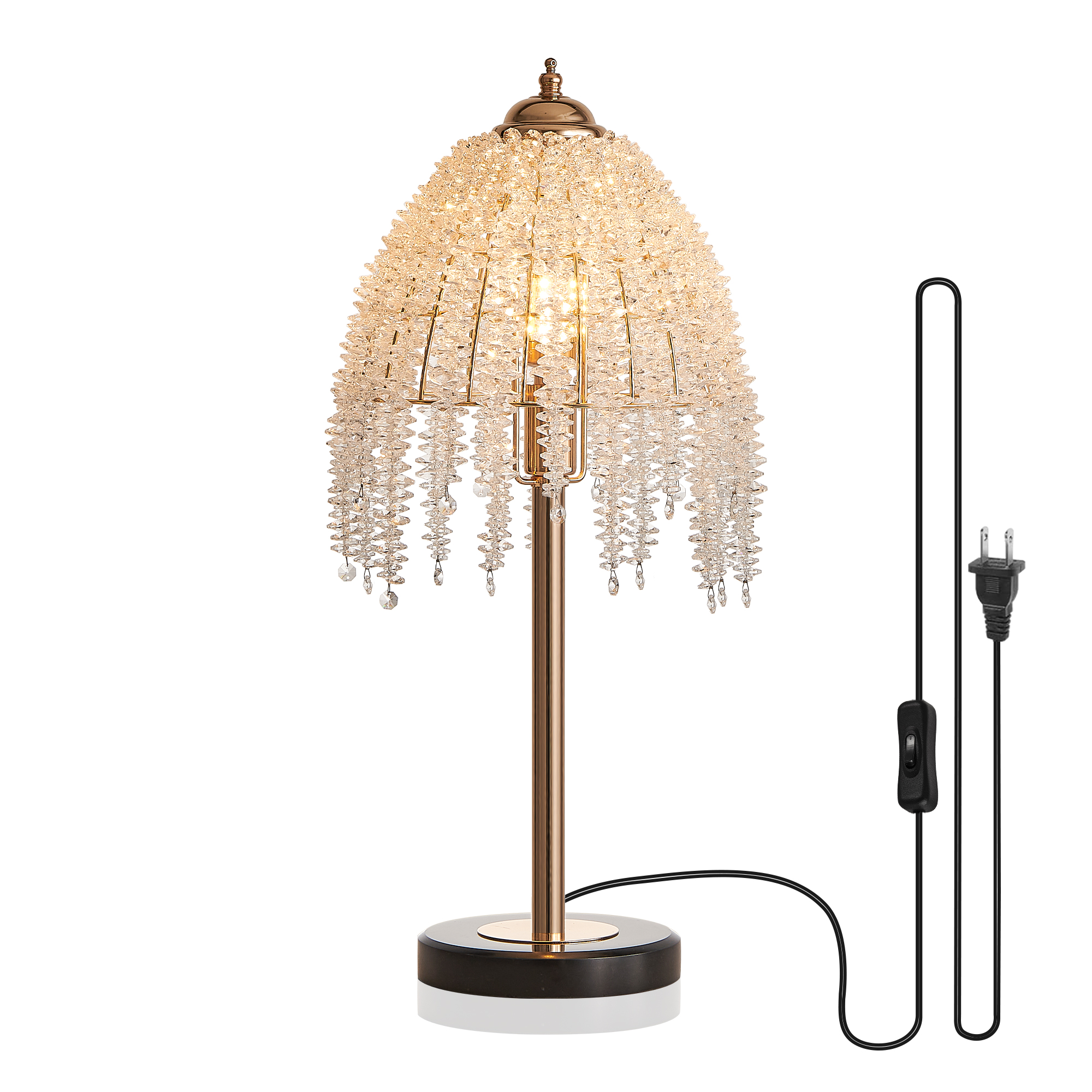 L011005-D250-T1G/19"(H) Elegant Crystal Table Lamp – Vintage Waterfall Design with Crystal Bead String Shades and Marble Textured Base for Living Room, Bedroom, or Office (Bulb Not Included)