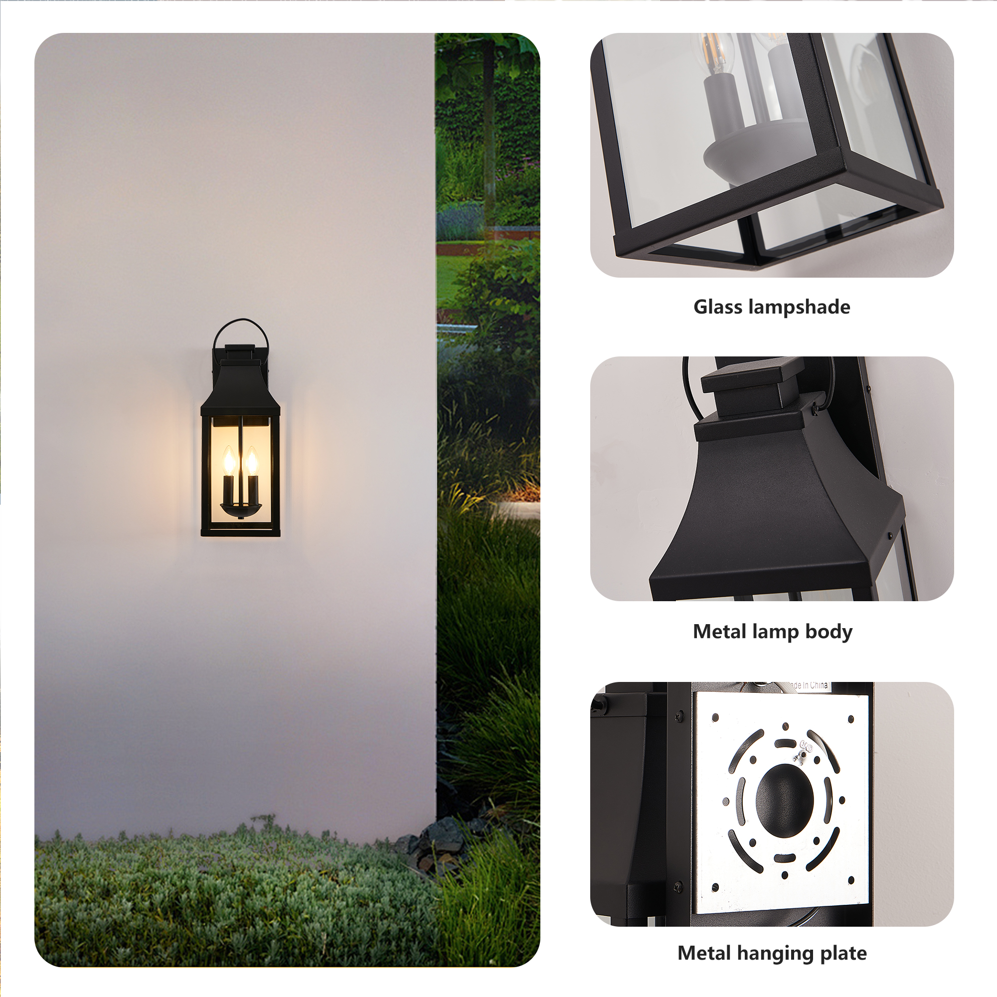 L001034-H500-W2B/W2312P409019 20'' Outdoor Wall Light, Porch Light Outdoor Wall Sconce Lantern, 2-Light Modern Black Exterior Lighting Fixture Wall Mount, Outside Light for House Garage, 1-Pack