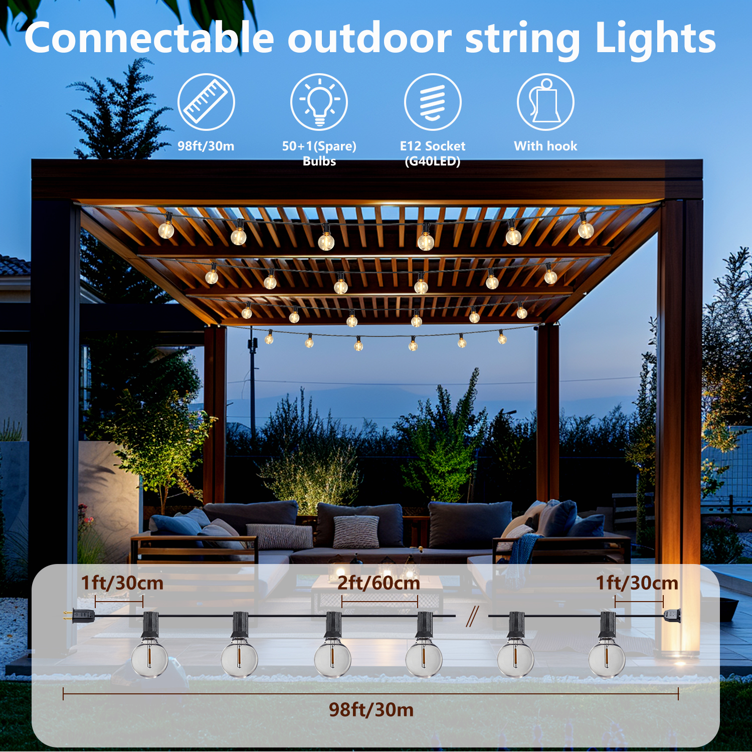 L026001-L30-S50B/W2312P416014 100FT Outdoor String Lights, Waterproof Connectable Shatterproof Outside Light with 50 + 1 Spare LED Bulbs Plug in, Patio Lights for Indoor Balcony Porch Camping Deck