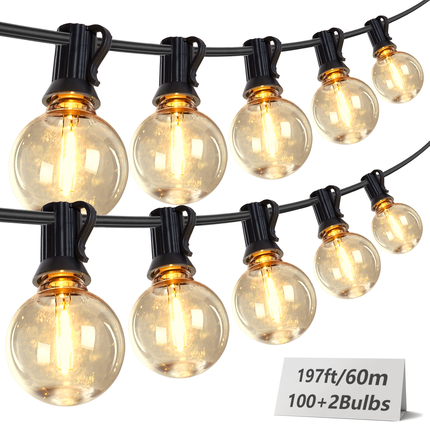 L026001-L60-S100B/W2312P416015 200FT Outdoor String Lights, Waterproof Connectable Shatterproof Outside Light with 100 + 2 Spare LED Bulbs Plug in, Patio Lights for Indoor Balcony Porch Camping Deck