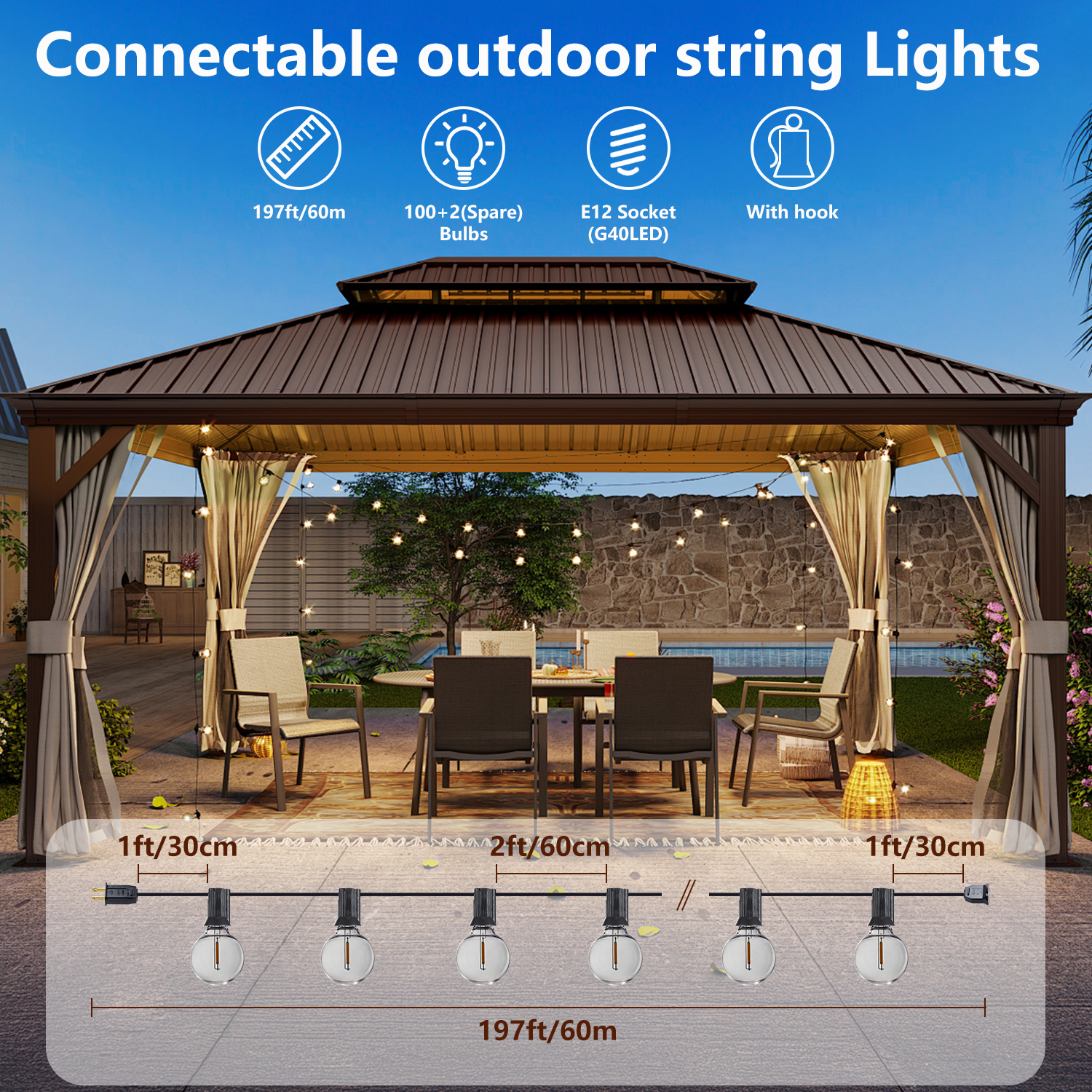 L026001-L60-S100B/W2312P416015 200FT Outdoor String Lights, Waterproof Connectable Shatterproof Outside Light with 100 + 2 Spare LED Bulbs Plug in, Patio Lights for Indoor Balcony Porch Camping Deck