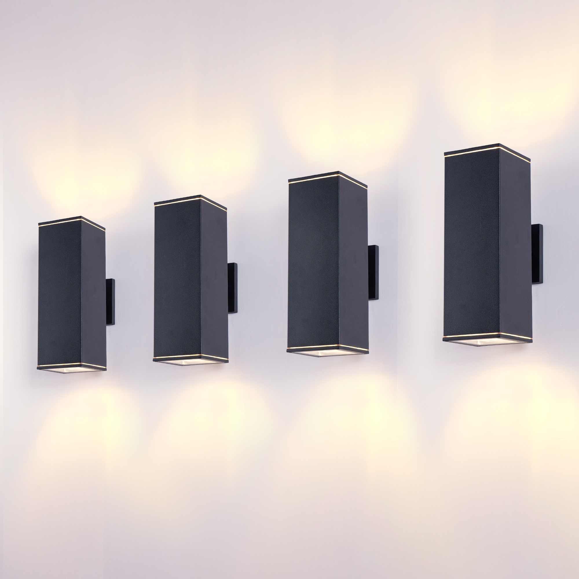 L025002-H300-W2B4/Modern Outdoor Porch Light Patio Light in 2 Lights with Aluminum Rectangular Tube and Tempered Glass Cover Waterproof Wall Sconce 4 Pack (Matte Black)(bulb not included)