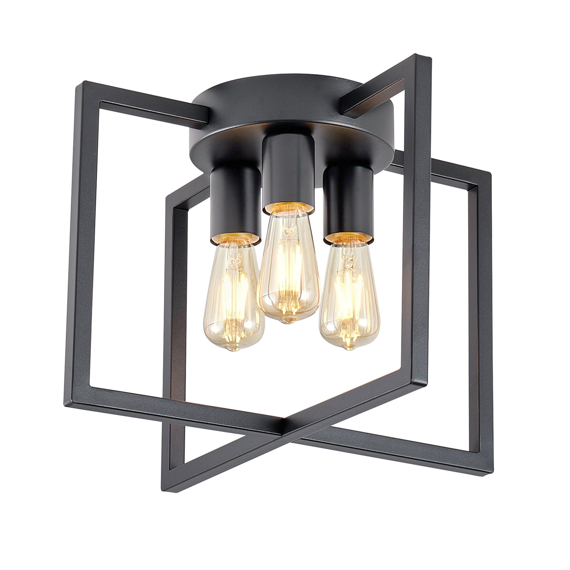 L020003-D370-C3B/3-Light Ceiling Light Fixture, Black Semi-Flush Mount Chandelier with Geometric Metal Shade, Farmhouse Industrial Lighting for Kitchen Living Room Bedroom Hallway Foyer, E26 Base(Bulbs not included)